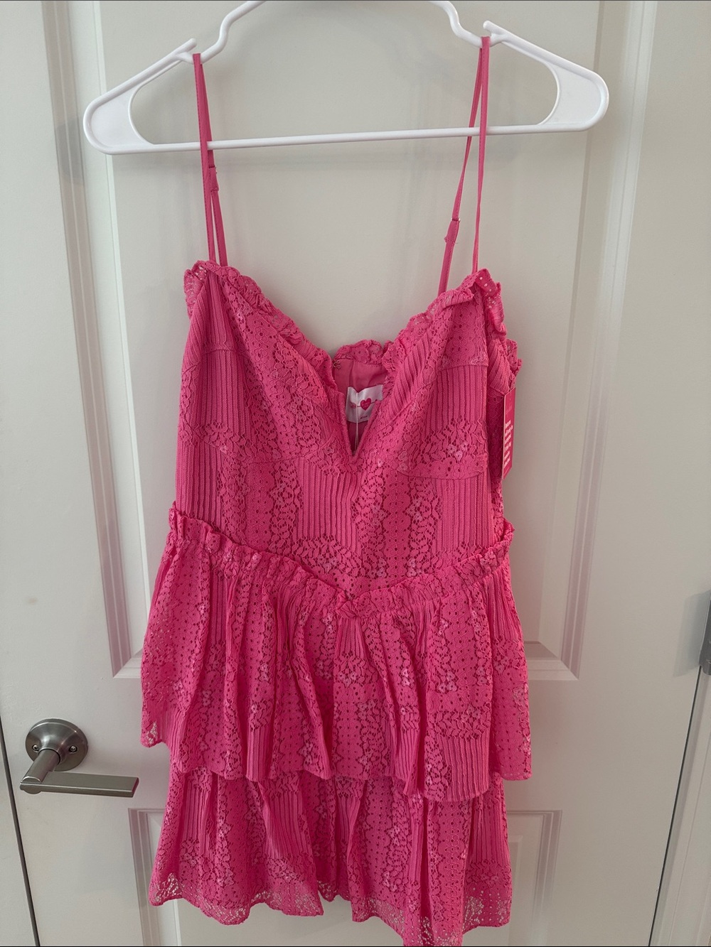 Buddy Love Hot Pink Lace Tiered Spaghetti-Strap Mini Dress